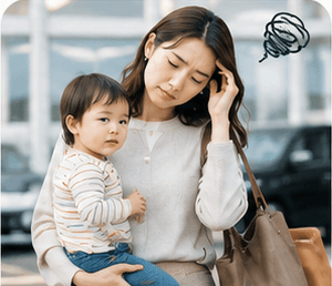 子どもを抱きながら車屋への来店に悩む女性